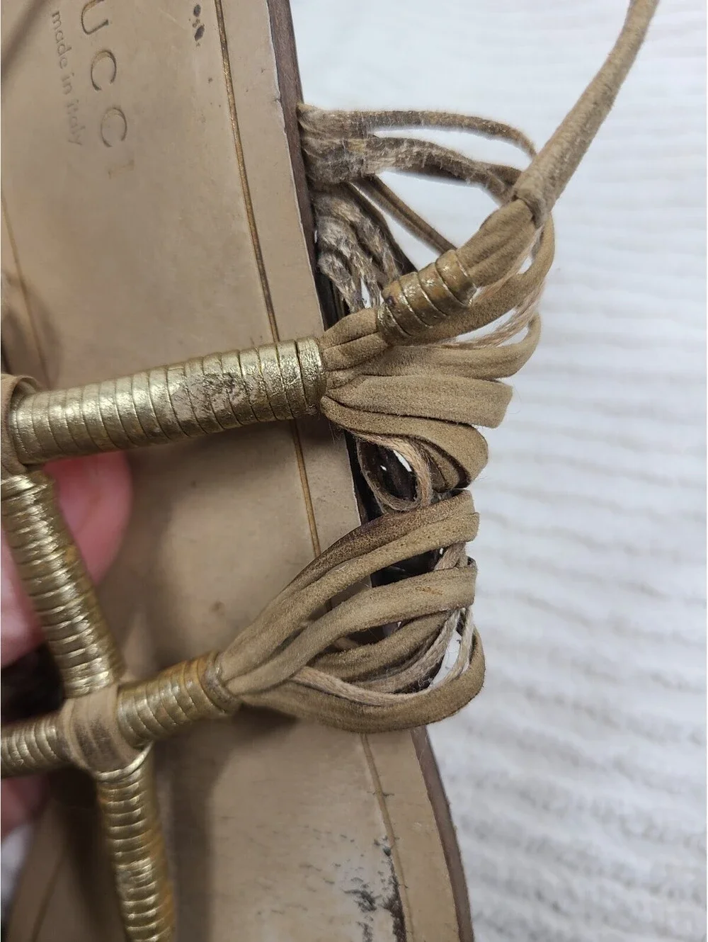 Gucci Suede Rattan Sandals Wrapped Gold Ankle Buckle 39.5 9.5 AsIs Worn